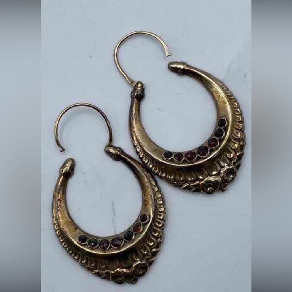 Elegant Gold and Black Hoop garnet antique Earrings Victorian 9k